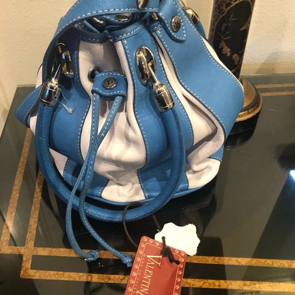 VALENTINA Leather Hobo Bag NWT Turquoise/White Leather
